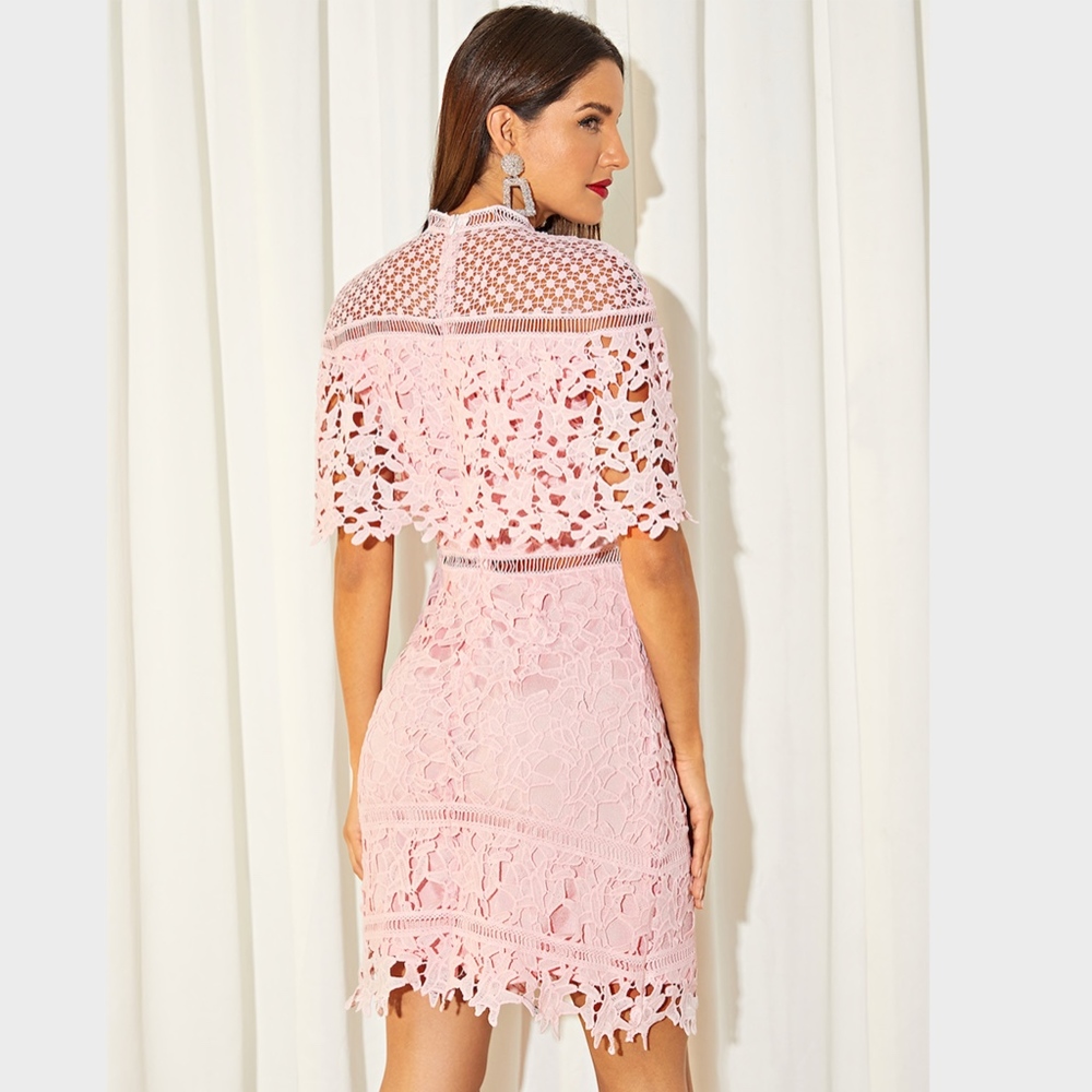 Mock Neck Guipure Eyelet Lace Dress Pink - Picture 2 of 7